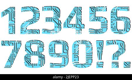 Set di cifre in stile digitale perforate con piste per circuito stampato isolate su sfondo bianco. Cifre colorate per il mondo digitale moderno. Vettore Illustrazione Vettoriale