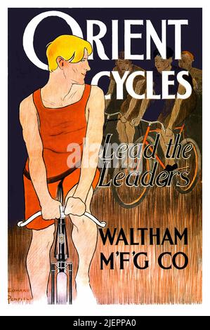 Un'illustrazione americana di pubblicità dei primi 20th secolo da Edward Penfield (1866-1925) con un giovane uomo sulla sua bicicletta per Orient Cycles. Foto Stock