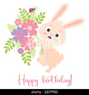 Simpatico coniglio gioioso con grande bouquet di fiori con ladybug. Illustrazione vettoriale. Biglietto di auguri Buon compleanno. Bunny carattere per design, decor, pri Illustrazione Vettoriale