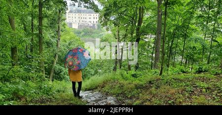 Donna in piedi su un sentiero nella foresta durante una doccia a pioggia che indossa un ombrello Foto Stock