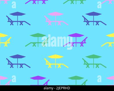 Chaise longue con ombrelloni senza cuciture. Vacanze estive, solarium. Sdraio sulla spiaggia. Design per striscioni, poster e pubblicità sulla spiaggia Illustrazione Vettoriale