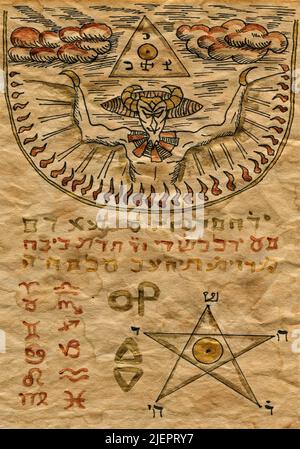 Illustrazione di Halloween disegnata a mano della vecchia pagina con wicca e simboli mistici dal libro incantesimo magico della strega. Sfondo gotico, occulto ed esoterico. Solo Foto Stock