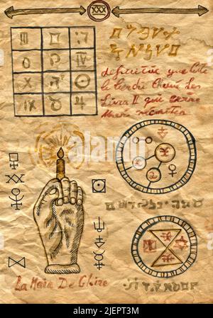 Illustrazione di Halloween disegnata a mano della vecchia pagina con wicca e simboli mistici dal libro incantesimo magico della strega. Sfondo gotico, occulto ed esoterico. Solo Foto Stock