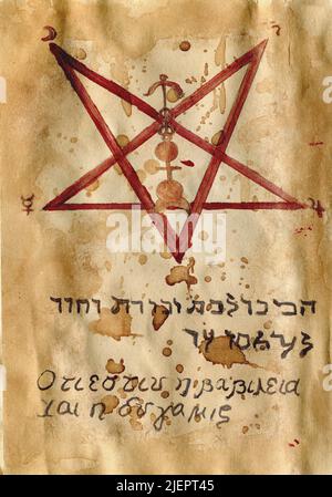 Illustrazione di Halloween disegnata a mano della vecchia pagina con wicca e simboli mistici dal libro incantesimo magico della strega. Sfondo gotico, occulto ed esoterico. Solo Foto Stock