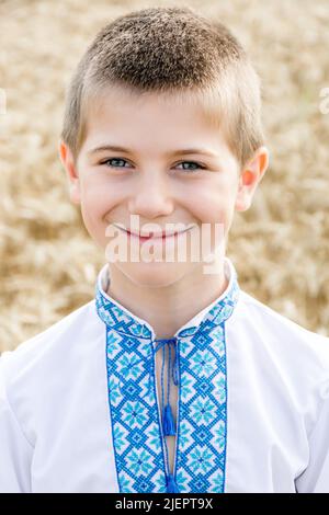 Ritratto di bambino in camicia tradizionale ricamata Ucraina su sfondo di campo di grano in giorno di sole. Ricamo blu. Ragazzo sorride sinceramente. Giornata dell'indipendenza, Costituzione dell'Ucraina. Verticale Foto Stock