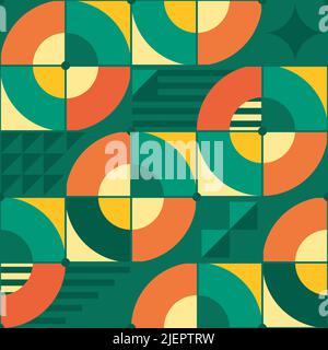 Modello senza cuciture vettoriale ispirato a Bauhaus - design geometrico retrò con cerchi, triangoli, linee e quadrati Illustrazione Vettoriale