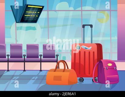Tre valigie da viaggio in un'area di attesa vuota del terminal dell'aeroporto, sullo sfondo di grandi finestre, decollo dell'aereo sullo sfondo. Illustrazione Vettoriale