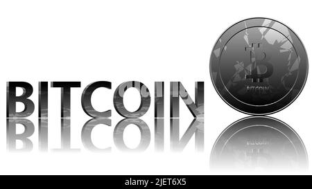 bitcoin argento su sfondo bianco con il suo riflesso. bitcoin criptovaluta illustrazione arte, riflessione bitcoin, bitcoin, valuta, denaro, moneta Foto Stock