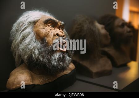 Ricostruzione dell'aspetto Homo Neanderthalensis al Museo Exhibition. Uomo preistorico. Dimostrando l'antenato preistorico Homo Neanderthalensis. Ho Foto Stock