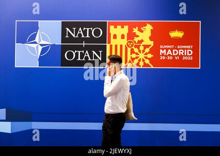 Madrid, Cracovia, Spagna. 28th giugno 2022. Il centro dei media della sede del vertice NATO a Madrid, in Spagna, il 28 giugno 2022. (Credit Image: © Beata Zawrzel/ZUMA Press Wire) Foto Stock