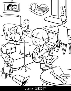 Illustrazione cartoon in bianco e nero del ragazzo che suona la chitarra nella sua stanza colorando pagina Illustrazione Vettoriale