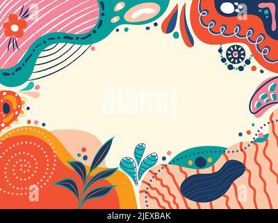 Fondo piatto astratto di germogli floreali. Fiori, foglie, tessuti e forme. Disegno di sfondo della tavolozza di colori ispirati alla natura Illustrazione Vettoriale