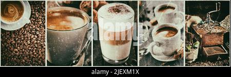 Collage di vari tipi di gustoso caffè caldo appena fatto in tazze e macinacaffè vecchio stile con fagioli Foto Stock