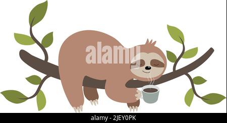 Vettore disegnata a mano carino cartoon sloth su un ramo di albero che odora il caffè Illustrazione Vettoriale