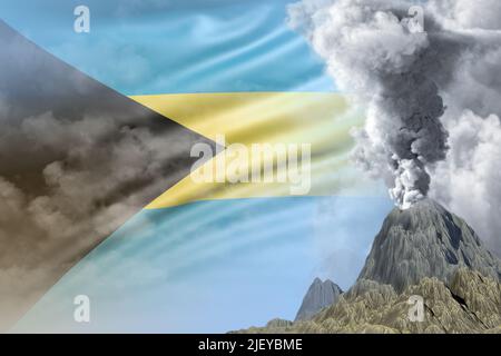 Eruzione stratovulcano di giorno con fumo bianco sullo sfondo della bandiera delle Bahamas, problemi a causa di eruzione e terremoto vulcanico concettuale 3D malato Foto Stock