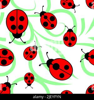 ripetizione continua asimmetrica di ladybugs su sfondo bianco e verde, texture, design Illustrazione Vettoriale