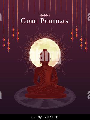 Happy Guru Purnima Gautama Buddha, Luna, silhouette, Mandala. Ornate Traditional Festival Poster Banner Design Template Vector Illustration sito web Illustrazione Vettoriale