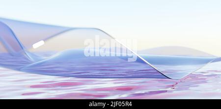 Vento nastro di vetro su acqua. Carta da parati astratta per striscione. 3d rendering. Foto Stock