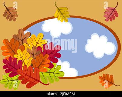 Cornice autunnale con coloratissimo buquet di foglie. Finestra con vista sul cielo. Illustrazione vettoriale Illustrazione Vettoriale