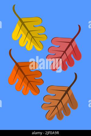 Quattro colorate foglie autunnali che cadono sul cielo blu. Illustrazione vettoriale Illustrazione Vettoriale