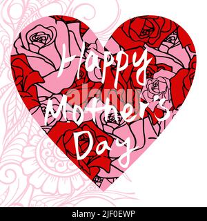 biglietto di auguri per il giorno della mamma felice con rose rosa e rosse in cornice cuore e testo, design Foto Stock