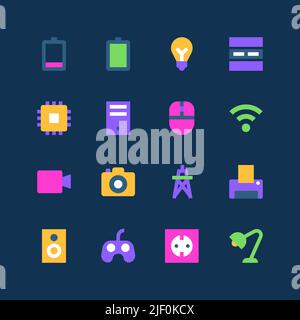 Gadget ed elettronica - Set di icone al neon in stile design piatto Illustrazione Vettoriale