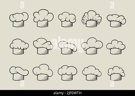 Cappello Chef, Toque Monochrome Linear Icon Collection. Vector Cook, Baker Chef Caps Design Template Set isolato. Panetteria, Ristorante, cucina uniforme Illustrazione Vettoriale