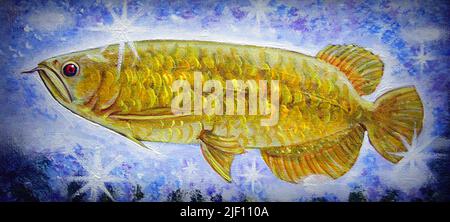 Arte, pittura, colore dell'olio, Auspicious, pesce di Arowana, Lucky, Tailandia Foto Stock