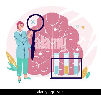 Cervello e malattie neurologiche concetto diagnostico di banner con carattere neurologo femminile, cartoon piano illustrazione vettoriale isolato su bianco bac Illustrazione Vettoriale