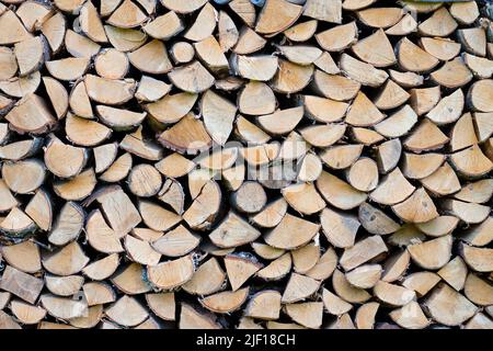 Cumulo di legno. Parete di legno tritato, fondo di legno tritato asciutto impilato in pila Foto Stock