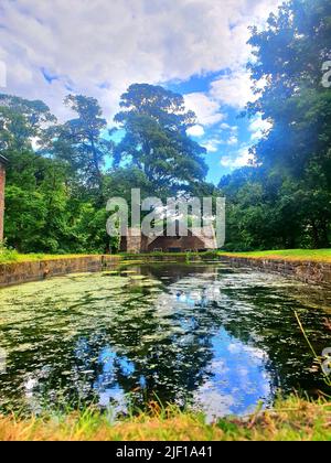 Fotografia di vecchi edifici inglesi architettura mulino ad acqua mulino ad acqua Dunham massey manchester inghilterra regno unito Foto Stock