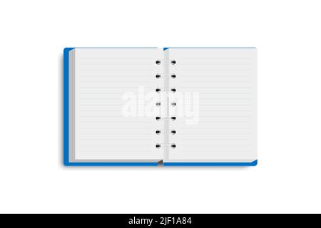 Rilegatura a spirale vuota del notebook aperto. Organizer mensile o settimanale realistico isolato su bianco. Modello mock up ufficio cancelleria per la presentazione, adve Illustrazione Vettoriale