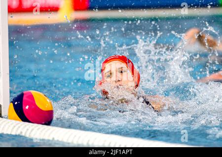 BUDAPEST, UNGHERIA - 28 GIUGNO: Laura Aarts dei Paesi Bassi durante i campionati mondiali FINA Budapest 2022 Quarter Final match Grecia / Paesi Bassi il 28 giugno 2022 a Budapest, Ungheria (Foto di Albert ten Hove/Orange Pictures) KNZB Foto Stock