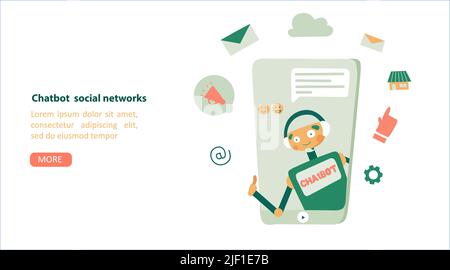 Chat bot social network per la progettazione di marketing, per la progettazione di pagine web per la progettazione di concept flat vettoriale landing page template. Icona bot assistente virtuale. Illustrazione Vettoriale