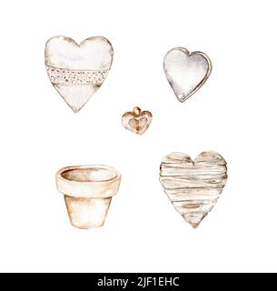 Set disegnato a mano di cuori di legno e pentola di argilla Foto Stock