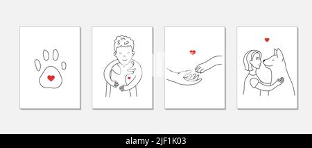 Set di cartoline la gente ama i cani. Proprietari felici dell'animale domestico con gli animali. Illustrazione Vettoriale