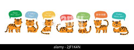 Tigers buon anno saluti in diverse lingue: Inglese, francese, spagnolo, tedesco, russo, Cinese. Illustrazione Vettoriale