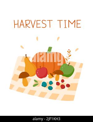 raccolto tempo cartolina. verdure, frutta e foglie Illustrazione Vettoriale