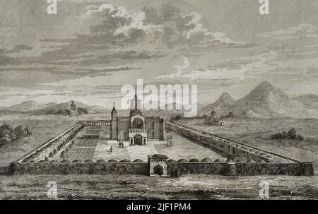 Armenia. Echmiatzin o Ejmiatsin. Centro spirituale e amministrativo della Chiesa Apostolica Armena. Vista delle tre chiese. Incisione disegnata da Arnout. Lemaitre direxit. 'Panorama universale. Historia de Armenia', 1838. Foto Stock