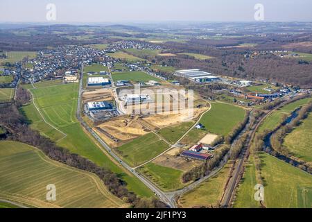 Fotografia aerea, tenuta industriale Gut Nierhof am Specksloh a Voßwinkel, Arnsberg, Sauerland, Renania settentrionale-Vestfalia, Germania, lavori di costruzione, c Foto Stock
