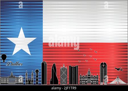 Skyline della città di Dallas con bandiera del Texas sullo sfondo - illustrazione, brillante bandiera Grunge del Texas Illustrazione Vettoriale