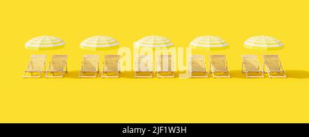Sedie da spiaggia estive su sfondo giallo. Idea creativa di viaggio estivo 3D rappresentazione 3D illustrazione Foto Stock