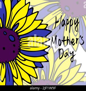 biglietto di auguri per la festa della mamma felice con fiori gialli e blu primo piano e testo, design Foto Stock