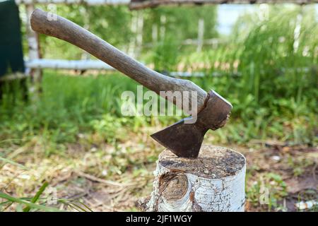 Un'ascia vecchia grande sporge da un blocco di trinciatura del ceppo di legno sullo sfondo di una radura verde di trifoglio in una giornata di sole di estate Foto Stock