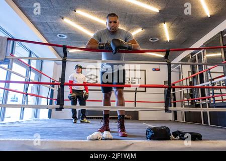 LONDRA, REGNO UNITO. 28th Giu, 2022. Durante Frankwarren presenta - Joe Joyce Media Workout alla palestra Secret Boxing Gym martedì 28 giugno 2022 a LONDRA (solo per uso editoriale, licenza richiesta per uso commerciale. Nessun utilizzo nelle scommesse, nei giochi o nelle pubblicazioni di un singolo club/campionato/giocatore.) Credit: Taka G Wu/Alamy Live News Foto Stock