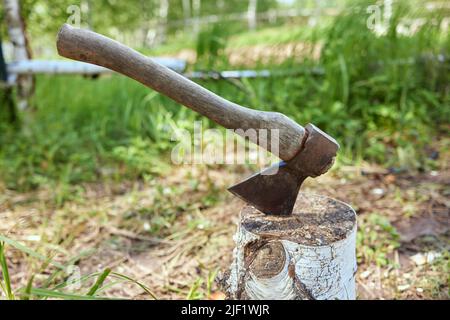 Un'ascia vecchia grande sporge da un blocco di trinciatura del ceppo di legno sullo sfondo di una radura verde di trifoglio in una giornata di sole di estate Foto Stock