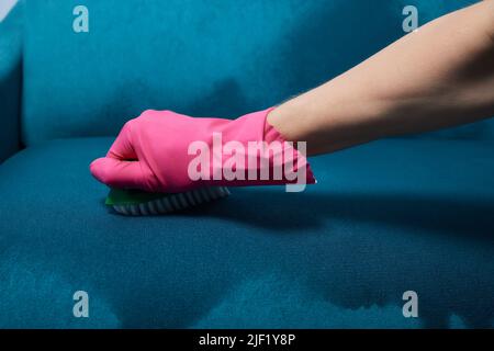 Il dipendente del pulitore a secco ha la mano in guanti protettivi che rimuovono la macchia dal divano grigio con spazzola e schiuma speciale. Pulizia regolare all'inizio della primavera. Commerciale c Foto Stock