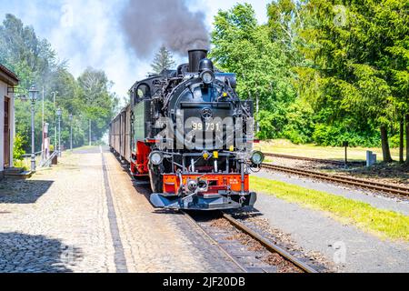 Vecchia locomotiva a vapore sulla ferrovia a carreggiata stretta Foto Stock