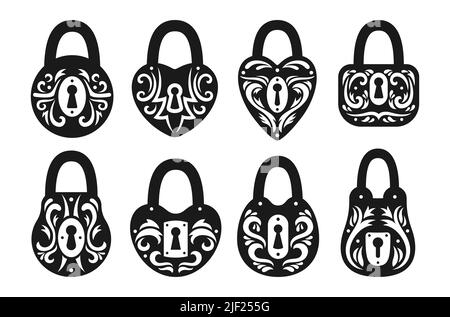Blocca il set di icone vintage di varie forme. Vecchio timbro con lucchetto, elemento di protezione di sicurezza. Blocchi con simboli di accesso privato per logo, giochi, icone dell'interfaccia utente Web o app che bloccano la privacy o il vettore di crittografia Illustrazione Vettoriale