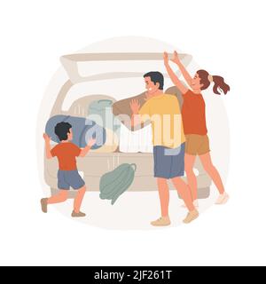 Divertente impacchettamento isolato cartoon vettore illustrazione. I membri della famiglia mettono gli zaini in auto, le borse non si adattano, premendo i bagagli, caricando il tronco, andando in vacanza viaggio, avendo divertente vettore cartone animato. Illustrazione Vettoriale